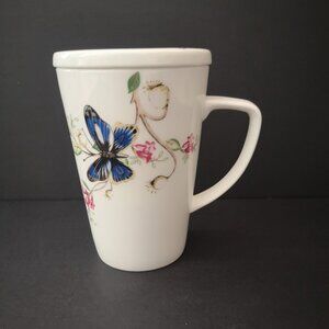 Adeline Fine Porcelain Tea Mug with Lid Floral & Butterflies Design 5" High
